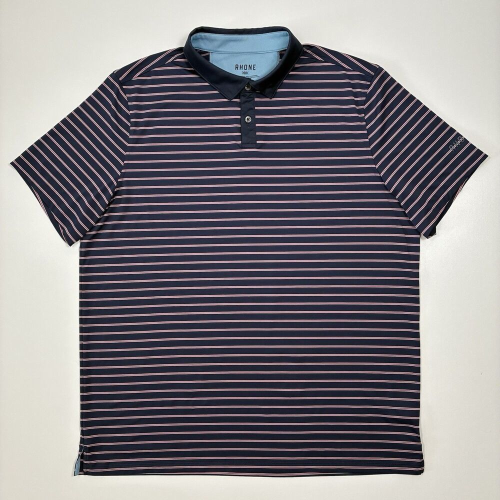 Rhone Golf Sport Polo Shirt Mens XL Blue Red Striped Performance Stretch Active
